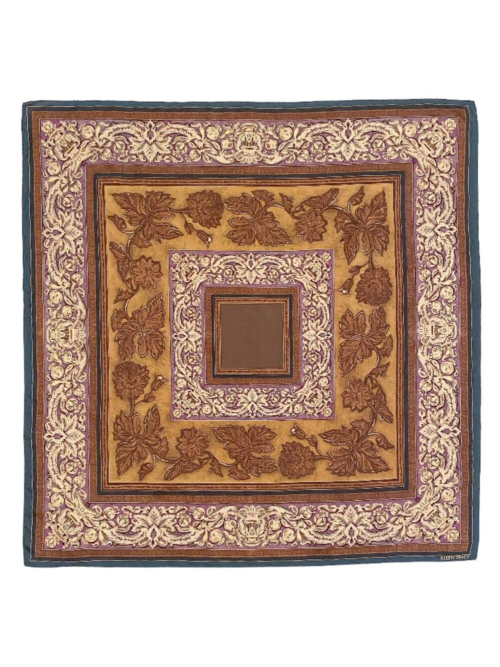 Vintage ELLEN TRACY 100% Silk Square Scarf Baroque Floral Jewel Tone Gold Plum